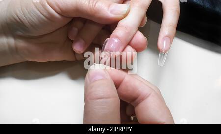 Schritt-für-Schritt-Anleitung zur Nagelverlängerung auf Gelspitzen. Maniküre, Hände im Vordergrund. Kopierraum Stockfoto