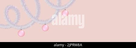 Frohe Weihnachten und ein glückliches neues Jahr 2023 Vorlage horizontales Banner rosa mit Lametta und Kugeln, Glitter, Funken, Glanz. Vektorgrafik Stock Vektor