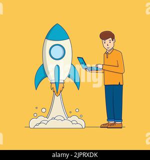 Ein Mann, der eine Rakete freigibt Stock Vektor