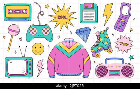 Bright Doodle Satz von Artikeln aus den neunziger Jahren - Retro-Kassette Band, Sportjacke, Tonbandgerät, Rollschuh, TV, Joystick, Diskette, coole und tolle Aufkleber, Blitze. Nostalgie für die 1990s. Stock Vektor