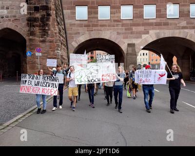 Nürnberg, Bayern, Deutschland. 20. August 2022. Die weit- bis rechtsextreme Gruppe Studenten stehen auf, die als Teilfortsetzung der Identitaere Bewegung gesehen wird, die nun aus verschiedenen Bereichen rekrutiert. Die Gruppe ist ein Beispiel dafür, wie sie die Corona-Krise für rechtsextreme Pflege und Rekrutierung ausnutzt. Kredit: ZUMA Press, Inc./Alamy Live Nachrichten Stockfoto