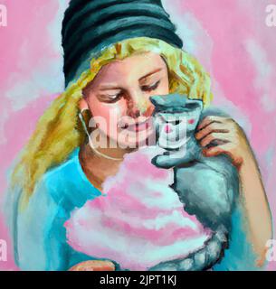 Ein blondes Mädchen hält ein graues Kätzchen in den Armen und isst Zuckerwatte. Abbildung Ölgemälde. Kunst zum Druck auf Poster, Karte, Leinwand, Cover, Banner. Stockfoto