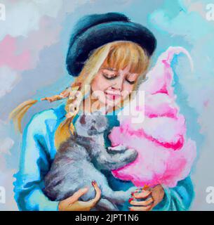 Ein blondes Mädchen hält ein graues Kätzchen in den Armen und isst Zuckerwatte. Abbildung Ölgemälde. Kunst zum Druck auf Poster, Karte, Leinwand, Cover, Banner. Stockfoto