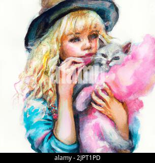 Ein blondes Mädchen hält ein graues Kätzchen in den Armen und isst Zuckerwatte. Abbildung Ölgemälde. Kunst zum Druck auf Poster, Karte, Leinwand, Cover, Banner. Stockfoto