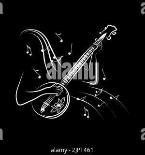 Das Konzept des inspirierten Banjo-Spielens, ein handgezeichneter Doodle. Saiteninstrument. Afrikanische Kultur. Flugnotizen. Musik. Inspiration. Fingersatz. Stock Vektor