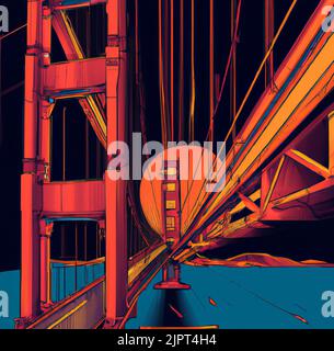 Cyberpunk-Retro-Illustration der Golden Gate Bridge in San Francisco, USA. Kunstdruck für Poster, Karte, Leinwand, Cover, Banner, Stoff. Stockfoto