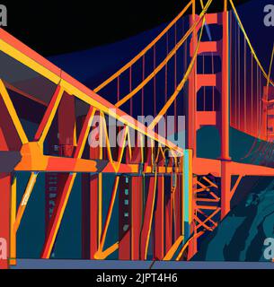Cyberpunk-Retro-Illustration der Golden Gate Bridge in San Francisco, USA. Kunstdruck für Poster, Karte, Leinwand, Cover, Banner, Stoff. Stockfoto