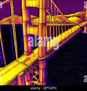 Cyberpunk-Retro-Illustration der Golden Gate Bridge in San Francisco, USA. Kunstdruck für Poster, Karte, Leinwand, Cover, Banner, Stoff. Stockfoto