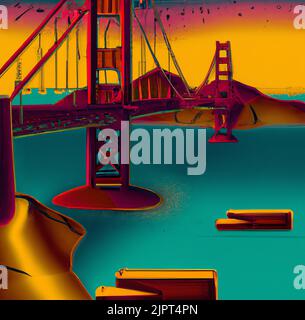 Cyberpunk-Retro-Illustration der Golden Gate Bridge in San Francisco, USA. Kunstdruck für Poster, Karte, Leinwand, Cover, Banner, Stoff. Stockfoto