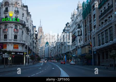 Das Edificio grasbewachsene Gebäude an der Gran Via Straße. Madrid, Spanien. Stockfoto