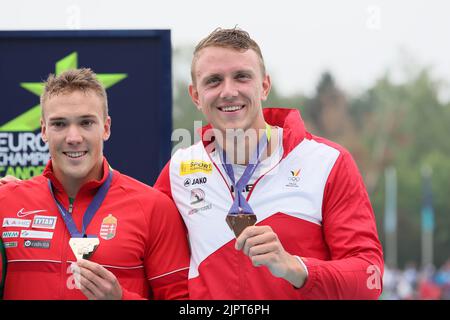 Der belgische Kajakfahrer Artuur Peters gewann die Bronzemedaille im A-Finale der Männer-Kajak-Einzelveranstaltung 1000m beim Kanusprint der Europameisterschaft am Samstag, 20. August 2022, in München 2022. Die zweite Auflage der Europameisterschaften findet vom 11. Bis 22. August statt und umfasst neun Sportarten. BELGA FOTO BENOIT DOPPAGNE Stockfoto