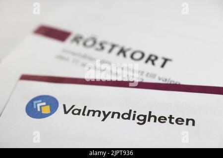 Stimmkarten für die Parlamentswahlen in Schweden am 11. September 2022. Stockfoto