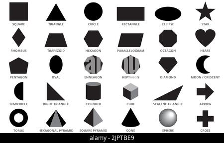 Set aus schwarzen geometrischen Figuren. Flache Formen, Vektorgrafik. Stock Vektor