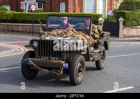 1945, vierziger Jahre, 40s Ford Jeep 2200cc Benzin; Militärfahrzeuge; 2. Weltkrieg, 2. Weltkrieg, 2. Weltkrieg, WW2. Militärfahrzeug am Kriegswochenende des Lytham 1940er-Festivals 2022 Stockfoto