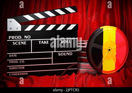 Belgische Kinematographie, Filmindustrie, Kino in Belgien, Konzept. Spanplatte mit und Filmrollen auf dem roten Stoff, 3D Rendering Stockfoto