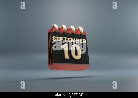 Schwarzer und roter Kalender mit Monatseinlagen und Datum September 10. Modernes Design mit goldenen Elementen, 3D Rendering Illustration. Blau-grauer Rücken Stockfoto