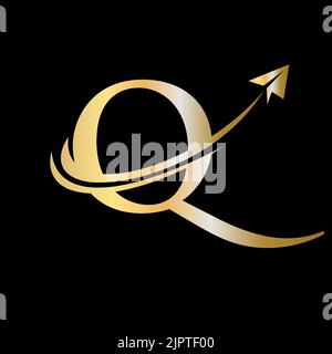 Vektorvorlage „Q Travel Logo“. Erstes Reiselogo auf Buchstabe Q-Symbolkonzept Stock Vektor