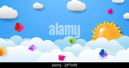 Banner Mit Wolke Und Schmetterling Und Sonne Mit Verlaufsgitter, Vektorgrafik Stockfoto