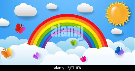 Banner Mit Wolke Und Schmetterling Und Sonne Und Regenbogen Mit Verlaufsgitter, Vektor-Illustration Stockfoto