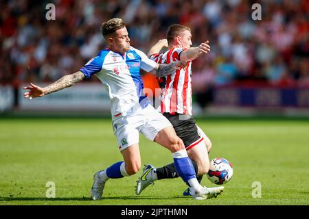 Sheffield, Großbritannien. 20. August 2022. Sammie Szmomics #8 von Blackburn Rovers fouls John Fleck #4 von Sheffield United in Sheffield, Vereinigtes Königreich am 8/20/2022. (Foto von Ben Early/News Images/Sipa USA) Quelle: SIPA USA/Alamy Live News Stockfoto