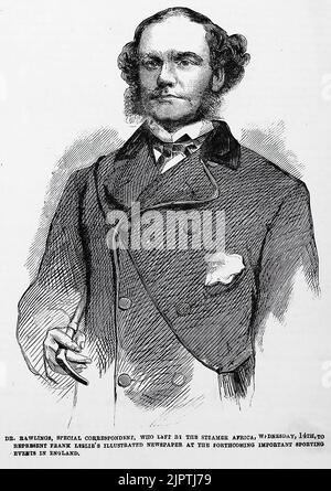 Porträt von Dr. Augustus Rawlings, Sonderkorrespondent, der am 14.. März 1860 vom Dampfer Afrika aus die Illustrated Newspaper von Frank Leslie bei den bevorstehenden wichtigen Sportveranstaltungen in England vertrete. Um den Großen Wettbewerb zwischen John C. Heenan und Tom Sayers für den Champion's Belt of England zu decken. 19.. Jahrhundert Illustration aus Frank Leslie's Illustrated Newspaper Stockfoto