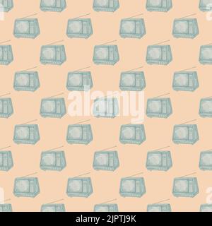 Retro-Fernseher mit gravierten nahtlosen Mustern. Vintage-Fernseher mit Antenne im handgezeichneten Stil. Skizzenstruktur für Stoff, Tapete, Textil, Druck, Titel, Stock Vektor