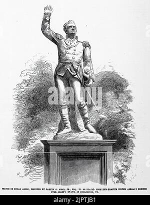 Statue von Ethan Allen, entworfen von Larkin Goldsmith Mead, Jr., die auf der Granitsäule aufgestellt wird, die bereits über Allens Grab in Burlington, Vermont (1860) errichtet wurde. 19.. Jahrhundert Illustration aus Frank Leslie's Illustrated Newspaper Stockfoto