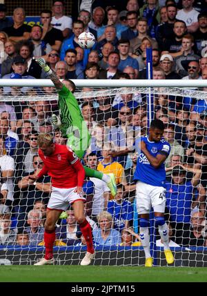 Everton-Torwart Jordan Pickford (oben) schlägt den Ball während des Premier League-Spiels im Goodison Park, Liverpool, klar. Bilddatum: Samstag, 20. August 2022. Stockfoto