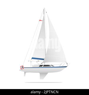 Weißes Segelboot ist in einer Seitenansicht mit blauen Streifen isoliert auf weißem Hintergrund. Vektorgrafik. Stock Vektor