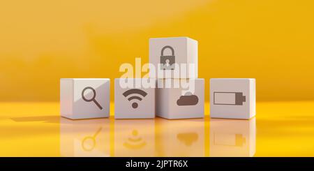Würfel Block mit Tech-Symbole auf gelbem Hintergrund. Cyber-Sicherheitskonzept. Würfel mit Such-, Wifi-, Cloud-, Batterie- und Vorhängeschloss-Symbol über alles. 3D RE Stockfoto