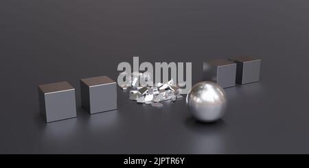 Konzept des Führungswettbewerbs. Die silberne Kugel des Führers zerstört den Konkurrenten und führt andere graue Kästen an. Erfolgreiche Strategie im Geschäft. Nahaufnahme. 3 Stockfoto