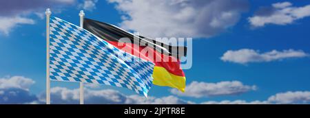 Oktoberfest-Vorlage. Bayerische und deutsche Flaggen auf Polen winken auf blauem, wolkigen Himmel Hintergrund, Banner. 3D Rendern Stockfoto