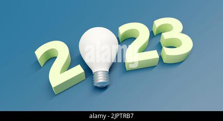 2023 Frohes neues Jahr. Weiße Glühlampe anstelle von 0 zwischen gelber Ziffer auf blauem Hintergrund. Neue Idee, Planung, Denken, Kreativität Inspiration. Ansicht von oben. 3 Stockfoto