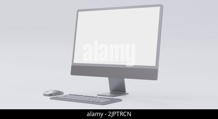 Computer-Desktop-Monitor, PC leeren leeren Bildschirm, Tastatur und Maus isoliert auf weiß. Werbung Mockup. 3D Rendern Stockfoto