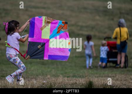 London, Großbritannien. 20. August 2022. Fliegen Sie die Drachen auf dem Parliament Hill - Fly With Me - dem größten Drachenflieger-Festival Großbritanniens auf Hampstead Heath und im ganzen Land. Das Good Chance Theatre (Schöpfer von immersivem Theater wie Walk with Amal) organisiert ein Jahr seit dem Sturz Afghanistans an die Taliban und wird von afghanischen Künstlern, Schauspielern und Sportlern zur Unterstützung Afghanistans präsentiert. Das Festival fordert die britische Regierung auf, alle Asylsuchenden fair und gleich zu behandeln, auch diejenigen aus Afghanistan. Kredit: Guy Bell/Alamy Live Nachrichten Stockfoto