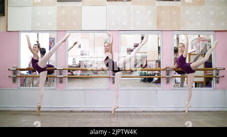 In der Tanzhalle führen junge Ballerinas in violetten Trikots auf spitzenschuhen große Kämpfe durch, heben ihre Beine elegant hoch und stehen in der Ballettklasse neben dem Barre am Spiegel. Hochwertige Fotos Stockfoto