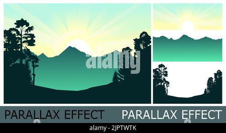 Berglandschaft. Haunted Forest. Nadel- und Laubbäume. Silhouette Mountains rockt am Horizont. Bild aus Ebenen für Überlagerung mit Parallaxe Stock Vektor