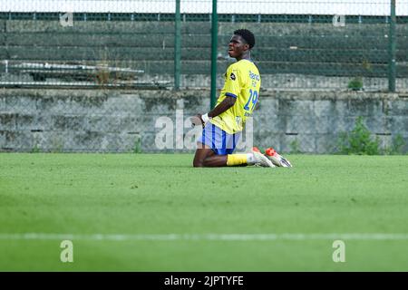 Thierno Barry von Waasland-Beveren feiert am Samstag, dem 20. August 2022 in Beveren, am 2. Tag der zweiten Division der belgischen Fußballmeisterschaft in der '1B Pro League', nach einem Treffer bei einem Fußballspiel zwischen SK Beveren und Royal Excelsior Virton. BELGA FOTO DAVID PINTENS Stockfoto