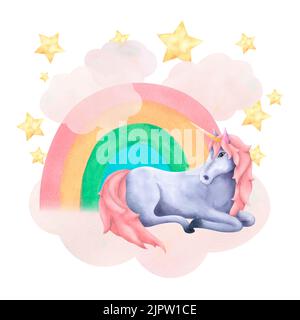 Eine Komposition mit einem magischen Einhorn in Wolken mit einem Regenbogen, der in Aquarell gemalt und auf weißem Hintergrund isoliert ist. Für Design, Postkarten, Drucke, Stockfoto