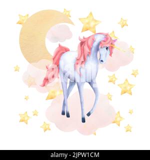 Eine Komposition mit einem magischen Einhorn in den Wolken mit dem Mond und den Sternen in Aquarell gemalt und isoliert auf weißem Hintergrund. Für Design, postc Stockfoto