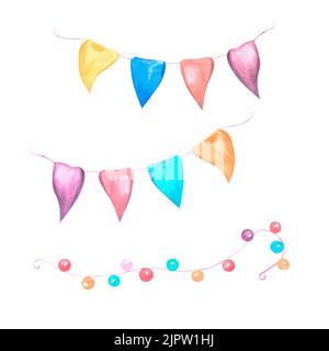Eine festliche bunte Girlande mit Fahnen und Glühbirnen, die in Aquarell gemalt sind und auf weißem Hintergrund isoliert sind. Für Design, Postkarten, invita Stockfoto