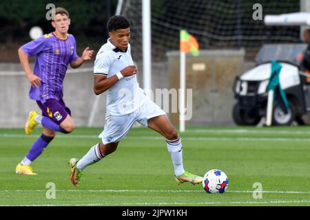 Swansea, Wales. 20. August 2022. Kyrell Wilson aus Swansea City unter 18s Jahren während des Spiels der Professional Development League zwischen Swansea City unter 18 und Coventry City unter 18 Jahren an der Swansea City Academy in Swansea, Wales, Großbritannien am 20. August 2022. Quelle: Duncan Thomas/Majestic Media/Alamy Live News. Stockfoto