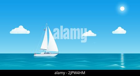 Weißes Segelboot schwimmt auf See. Warme Seestücke. Seefahrt mit dem Segelboot. Vektorgrafik. Stock Vektor
