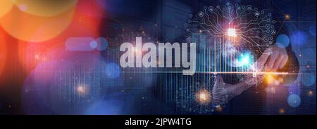 Data Science, Businessman und Künstliche Intelligenz AI, Digital Technology Concept. Geschäftsmann arbeiten digitale Tabletcomputer und Big Data, global Stockfoto