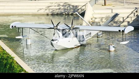 Zierflugzeug im Teich des Disseny Museums, Barcelona, Katalonien, Spanien, Europa Stockfoto