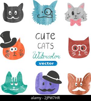 Set mit niedlichen Katzen. Aquarell Katzen Köpfe isoliert auf weiß. Vektorgrafik. Lustige Katzen Sammlung Stock Vektor