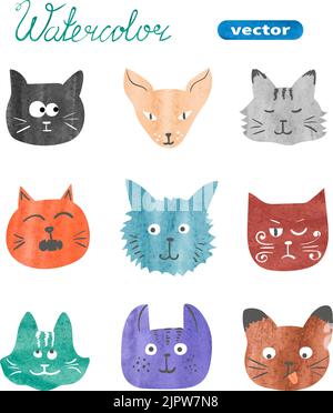 Set von niedlichen Katzen. Aquarell Sammlung von Katzen Köpfe isoliert auf weiß. Vektorgrafik Stock Vektor