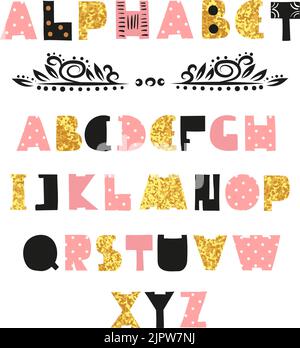 Niedliches Alphabet-Design. Handgezeichnete Schrift in rosa, schwarz und funkelnden Goldfarben Stock Vektor