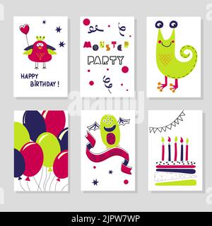 Set von Vorlagen für Geburtstagskarten. Niedliche Cartoon-Monster. Kinderdesign. Vektorgrafik. Sammlung von Karten für Geburtstags- oder Partyeinladungen Stock Vektor