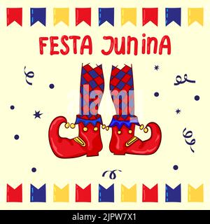 Festa Junina - Juni Festival, nationaler brasilianischer Feiertag. Rote Clown Schuhe und Fahnen Stock Vektor